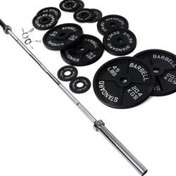Olympic cast iron weight plate set 245 lbs plus 45 lb Bar