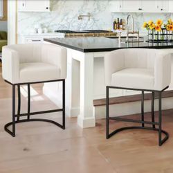 Siska 26 in. Modern Beige Fabric Upholstered Counter Stool with Black Metal Frame Barrel Counter Bar Stool Set of 2
