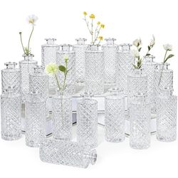 Clear Glass Bud Vase, 20 Pack Living Bud Vases, Small Diamond Bud Vases in Bulk, Mini Flowers Vases for Table Centerpiece, Office, Wedding Reception, 