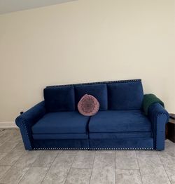 LIKE NEW-Blue Velvet Convertible King Size Sleeper Sofa with Nailhead Trim