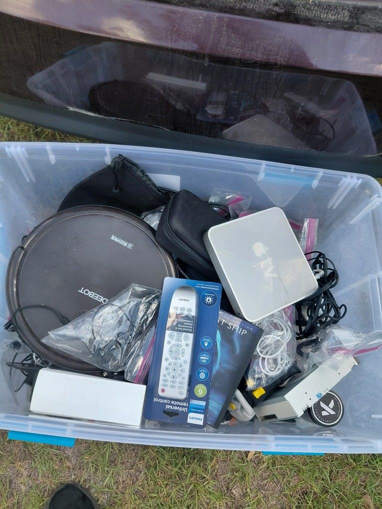 Giant Plastic Bin Full Of Electronics(Apple Tvs, Amazon Firesticks , Robot Vacuum and much more