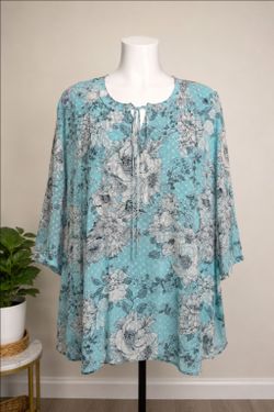 Avenue Floral Tunic Top 30/32 Aqua Blue Swiss Dot Plus Size NWT