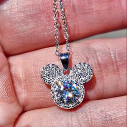 1 Carat Moissanite 18kt White Gold Plated Sterling Silver Mickey Mouse Pendant Necklace