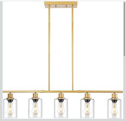 39.4" Kitchen Island Lighting, 5 Lights Clear Glass Pendant Light Fixtue, Golden Linear Metal Chandelier for Dining&Living Room Foyer,Height Adjustabl