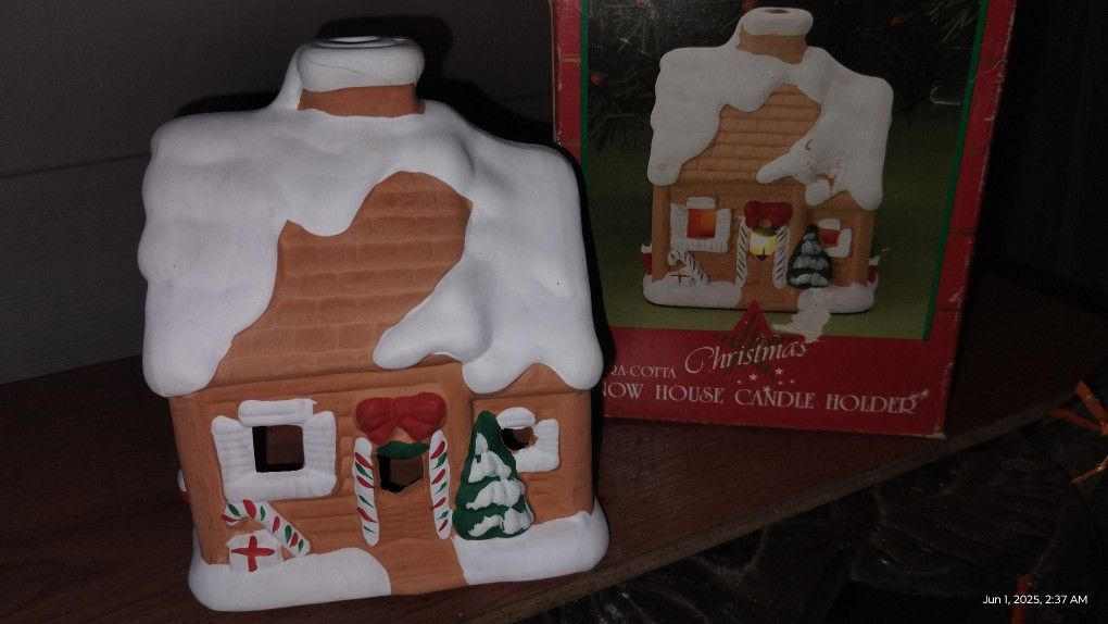 Terracotta Snow House Tea Light Candle Holder Christmas Holiday with Box