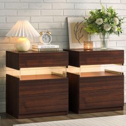 Modern Nightstands Bedside Table Night Stand Set 2, Set of 2 LED, for Bedroom, with 3 Drawers, End Side Table