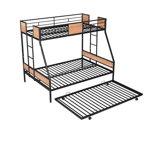 Spoyflyinn Twin Over Full Bunk Bed with Guardrail Stairway Trundle Metal 3 People Bed Frame Space-Saving  Black