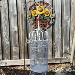 Antique Victorian Ornate Painted Wrought Iron Large Hanging Bird Cage 