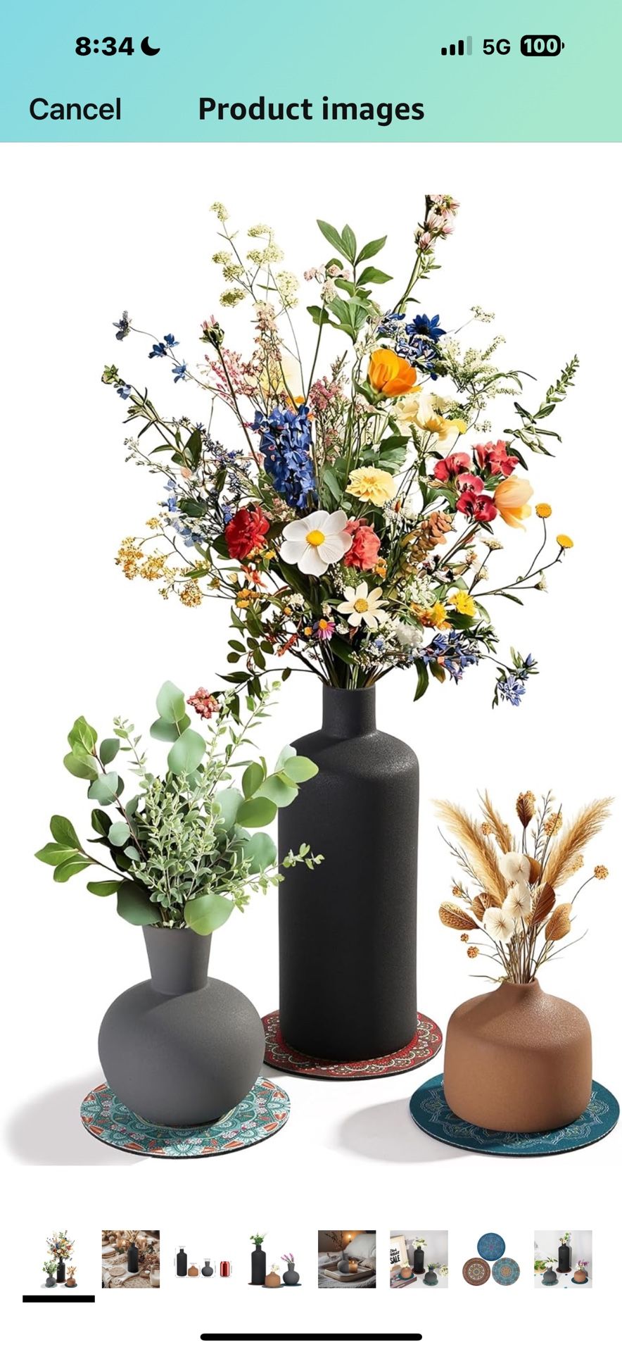 Ceramic Vase Set of 3 - Matte Textured Rustic Farmhouse Vases for Flowers, Home Decor - Kitchen, Living Room, Shelf, Mantel, Entryway Decor (Multicolo