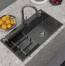 Kitchen Sink 32 Inch Single Bowl Drop In Top Mount Workstation With Pull-Out Faucet And All Accessories