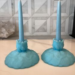 FENTON “Water Lily” pattern set of 2 candleholders PLUS 2 pair of matching candles ( 7” & 15”)