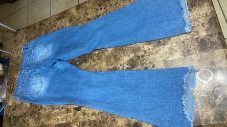 Blue Denim Flare Jeans Frayed Hem