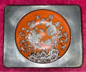 Vintage Japan Painted Hong Kong Porcelain encased in Pewter Ashtray 7.5” x 6” x 1.75” RARE!