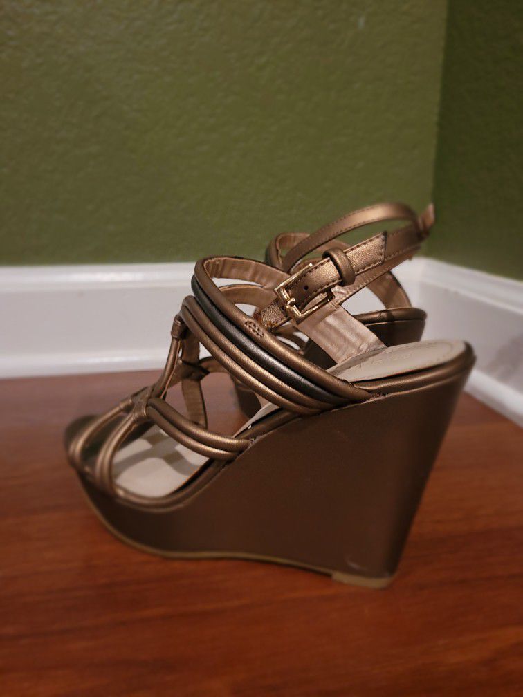 Gold With Chrome Accent Wedge Sandals
