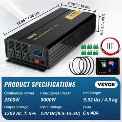 225]Pure Sine Wave Inverter, 2500 Watt Power Inverter, DC 12V to AC 120V Car Inverter, with USB Port, LCD Display, and Remote Controller Power Convert