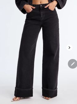 Fashion Nova Black Wide-Leg Cuffed Denim Jeans