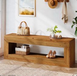 47" Farmhouse Entryway Bench, Solid Wood Indoor Bench Seat With Storage Light Brown