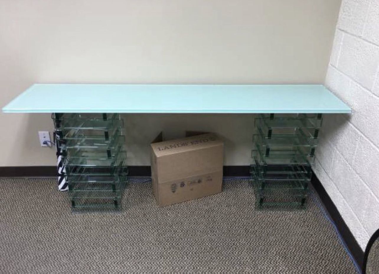 New White Glass Table H28" W69" D16" With Matching Bookcase