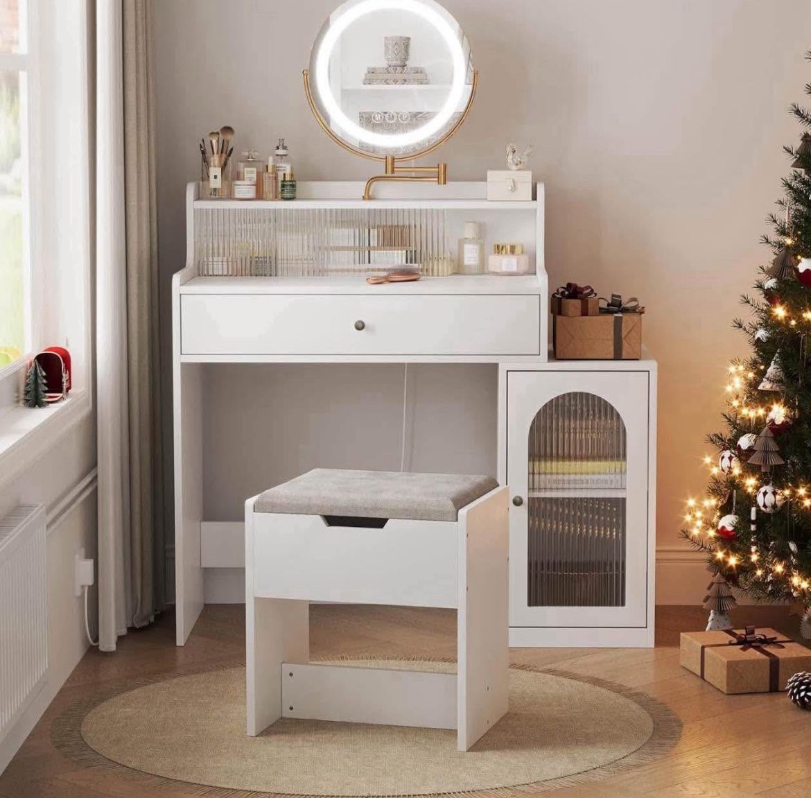 Vanity, Makeup Vanity Desk with Rotatable Mirror and Lights, White Make Up Vanity Table with 3 Adjustable Lighted and Chair, Makeu