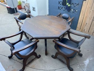 Vintage 1950s Spanish Style Octagonal Wood Game Table with 4 Chairs