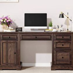 Executive Home Office Desk w/ 5 Drawers & Cabinet Storage | Dark Walnut Wood