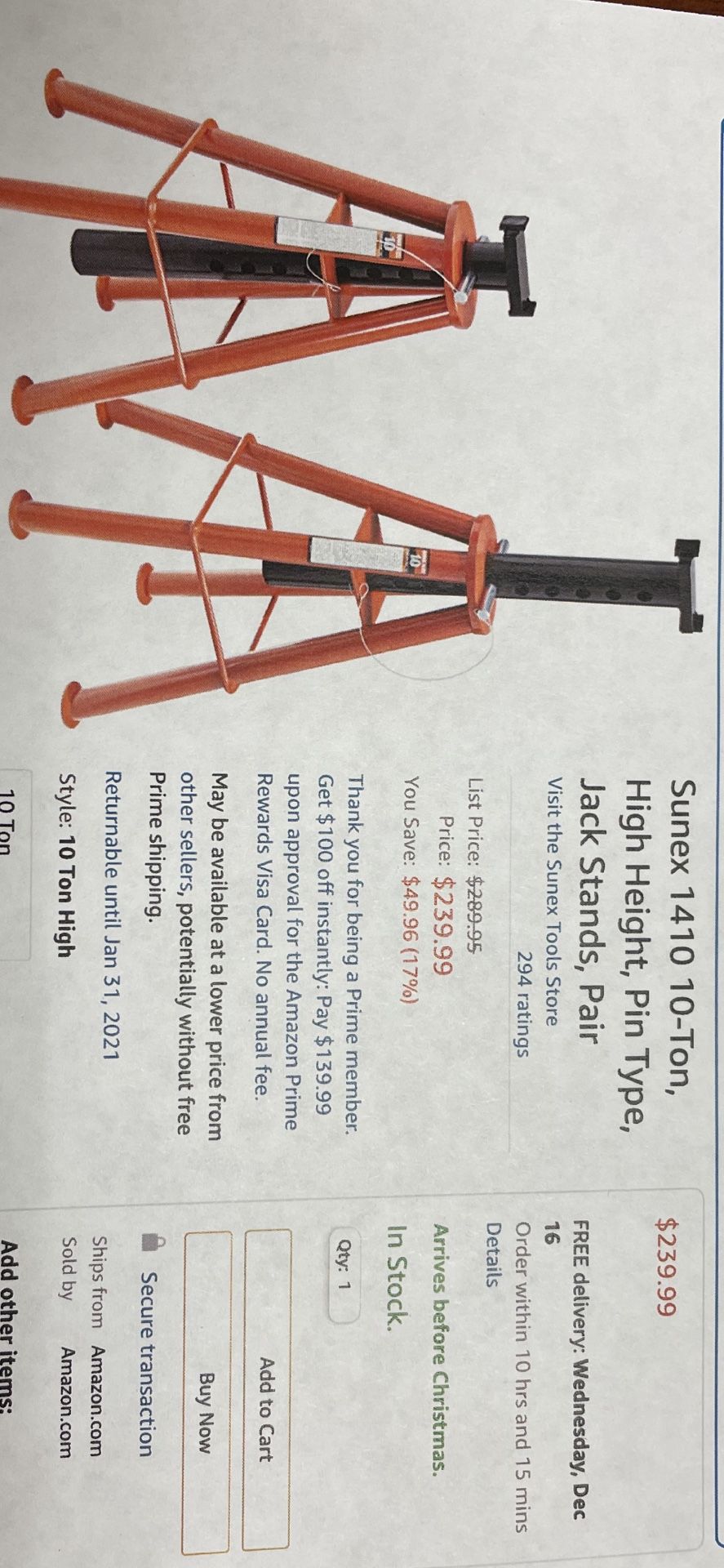 Sunex 1410 10 Ton Jack Stands - Pair