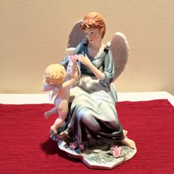 Vintage Victorian Angel in Emerald Green Flowing Gown Flying Baby Cherub Giving Flowers Statue Figurine 