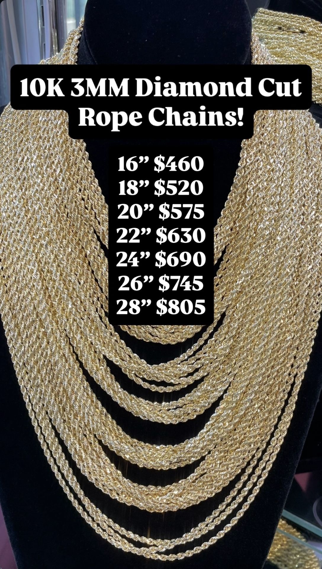 10K 3MM Rope Chain Diamond Cut
