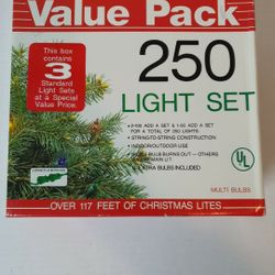 Value Pack 250 light set , over 117 feet of Christmas lites ,Multi Bulbs ,for indoor or outdoor use 115/125 AC , NEW .. Condition is "New". * 2-100 Ad
