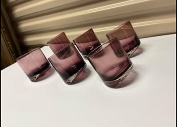 Set of 6 Slanted Tilted 8 Oz Whiskey / Drinking Violet Magenta Glasses