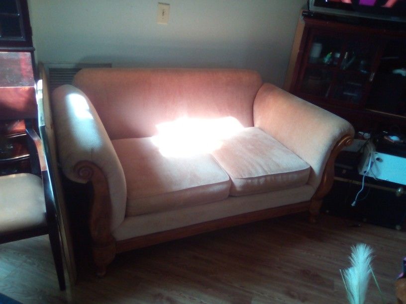 Very Nice Beige Polyester Loveseat Wooden Design Strong Wood And Legs