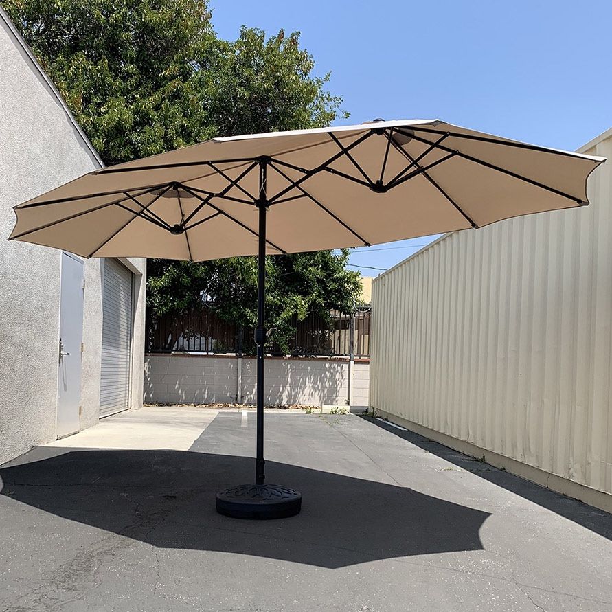 (New) $130 Large 15x9 FT Double Sided Umbrella with Weight Base set (Beige color)