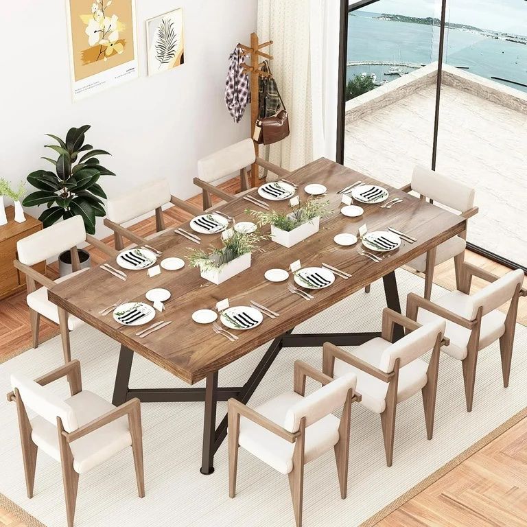 72" Solid Wood Dinner Table for 6-10 Person, Modern Farmhouse Kitchen Table, Rectangular Rustic Farmhouse Dining Table for Gathering, Meeting, Office 