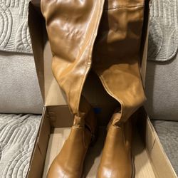 JustFab Women's Flat Boots Jordane Sole Over The Knee Faux Leather Camel Sz 8.5