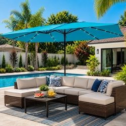 Costway 15 Ft. Double-Sided Patio Umbrella with 48 Solar-Powered LED Lights, Turquoise (NP13260TU)