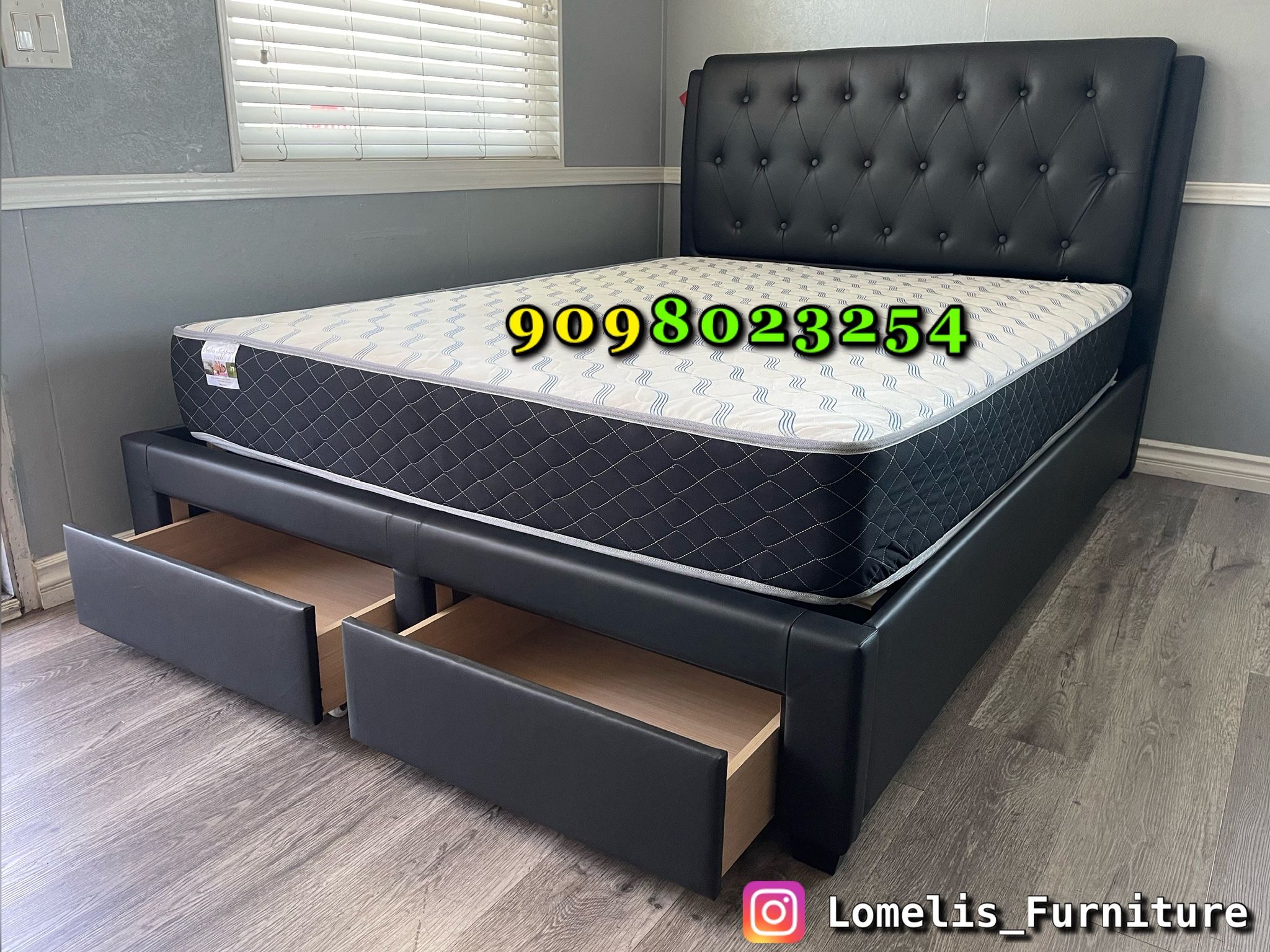 Queen Black Euro Tufted Bed w. Drawers & Orthopedic Mattress Included
