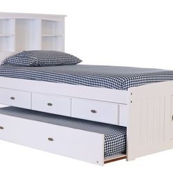 Twin White Bookcase Captains Bed with Trundle

