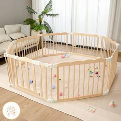 Wooden Baby Playpen 69x69 Inch Foldable Toddler Fence with Safety Lock HUTOCADA Extra Large Natural Wood Foldable Baby Playpen for Babies and Toddlers