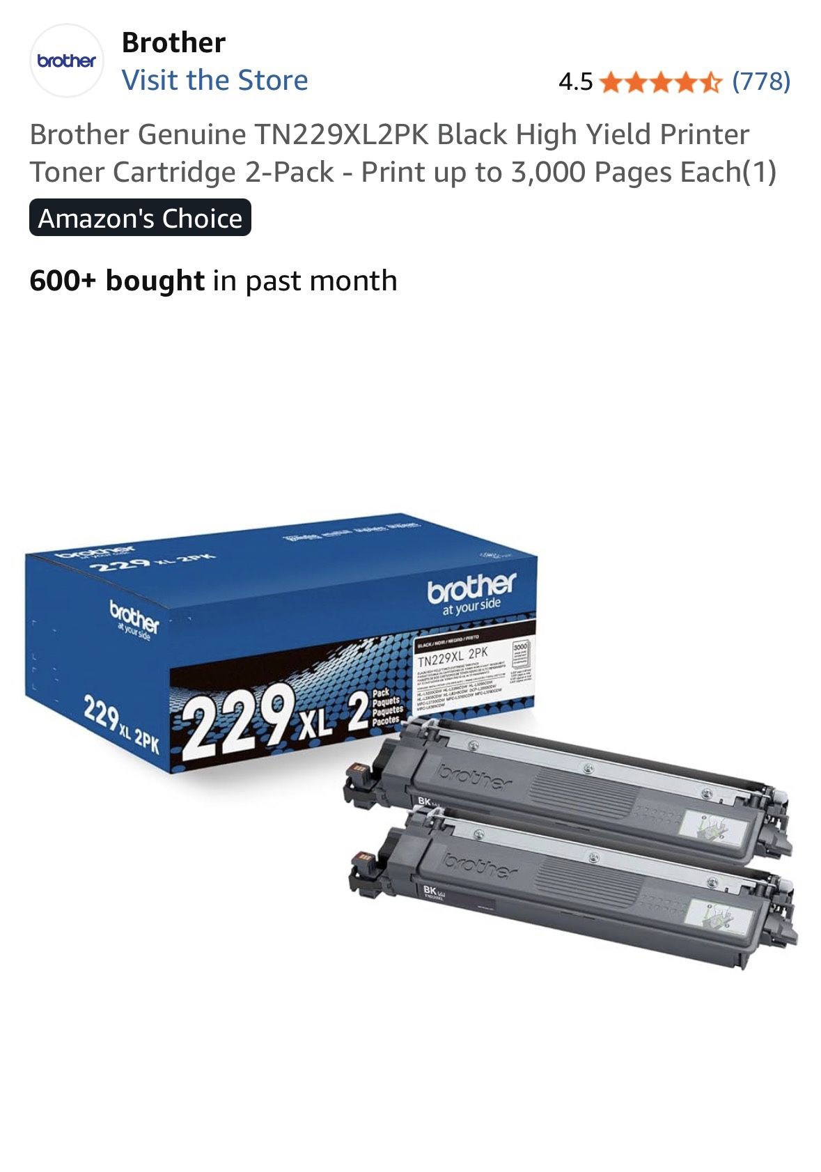 Brother Genuine TN229XL2PK Black High Yield Printer Toner Cartridge 2-Pack - Print up to 3,000 Pages Each(1)
