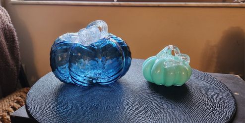 2 Glass Blue Pumpkins  
- 1 Translucent LED Lighted + 1 Solid 
- Fall Decor Autumn Decor Halloween Decor - Light Up - Hand Blown  - Like New EUC 