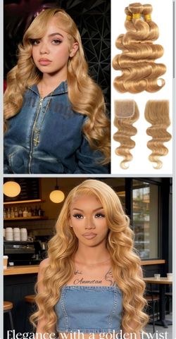 🔥Brand new 🔥 Honey Blonde Bundles with closure 4X4 Human Hair Body Wave 20 22 24 +20Inch, 100% Virgin Hair Double Weft Deal Bundles lpx-27
