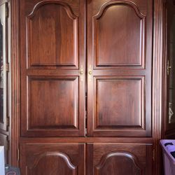 Solid Cherry Entertainment Armoire + Two Lighted Corner Curios