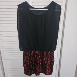 Red Sequined Mini Dress Black Double Layer Top