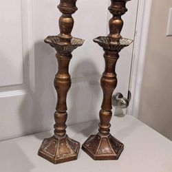 Incredible Pair Of Tall Distressed Bronze Pillar Candle Holders!