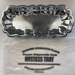 Vintage Chrome Stainless Tray. English Chippendale Hostess Tray English Butler EUC