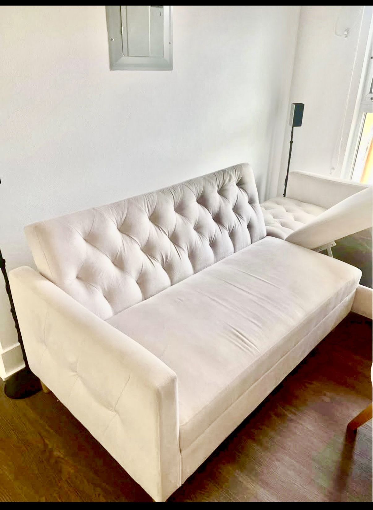 Crate & Barrel Chenille Mid Century Modern 84" Futon Sectional Sofa with Reversible Storage Chaise