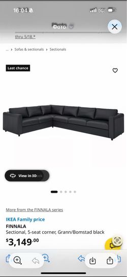 Sectional Sofa - Ikea FINNALA - 5 Seat Corner - Grann/Bomstad Black