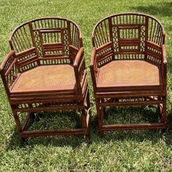 Vintage Brighton Pavilion Chinoiserie Rattan Burnt Bamboo Armchairs 