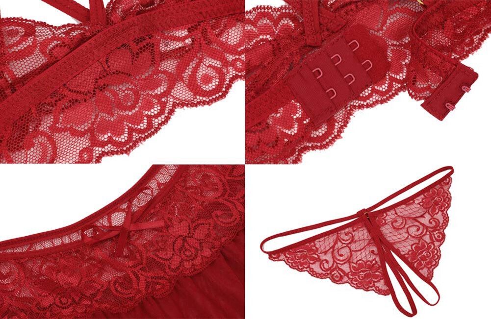 Pin Up Doll Lingerie 3 Piece Set, Crotchless Panty, Bra, Lace Bralette, Lace Skirt, Mini Skirt, Sheer Lingerie Set for Women