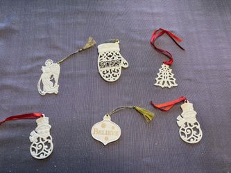 Lenox Christmas Ornaments, lot of 6, new condition.  2 Pierced Snowman Charms, Vintage Peace Angel, A Year To Remember, Pierced Tree Charm, Believe Ch